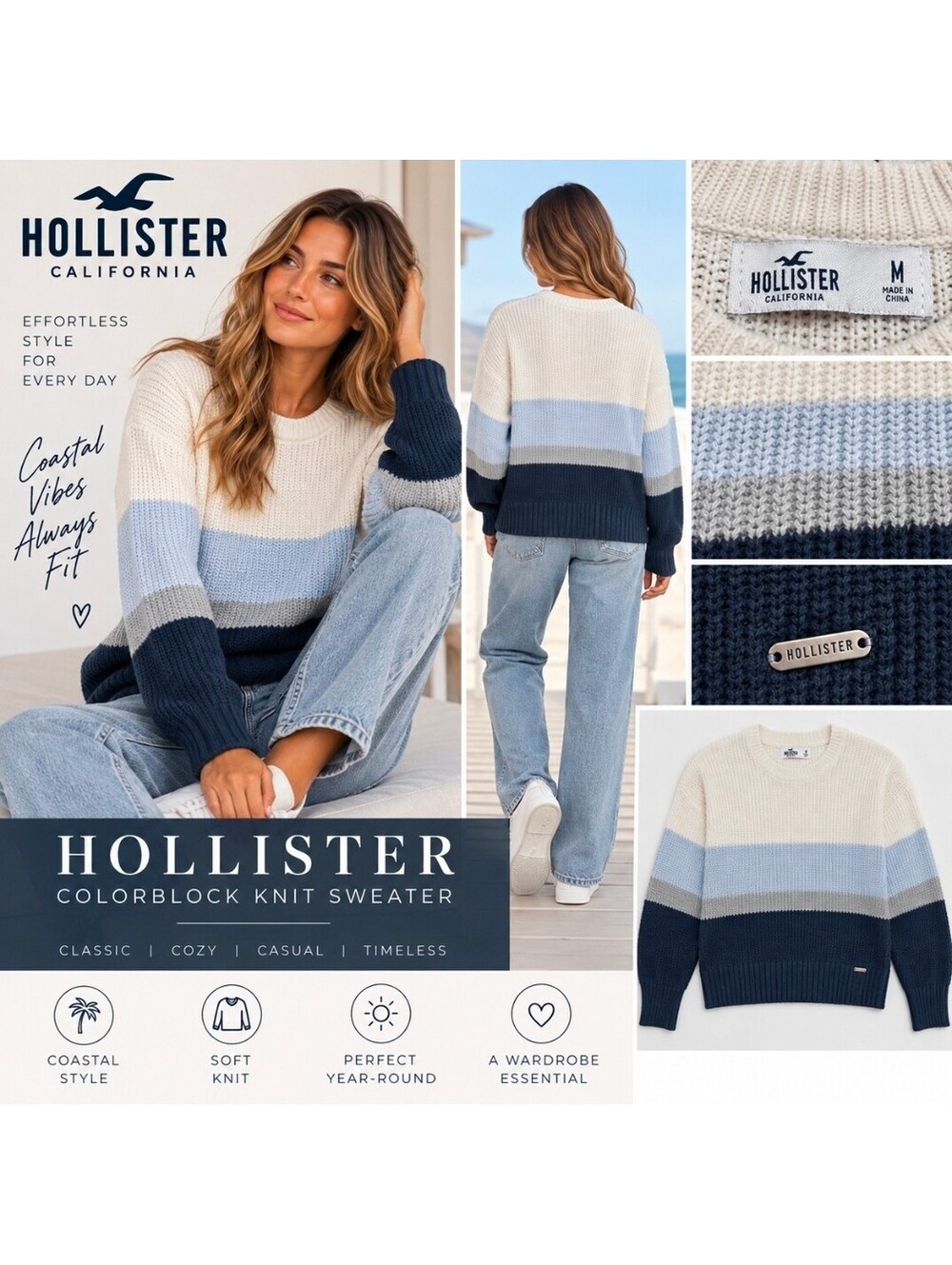 Hollister Women’s Medium Colorblock Chunky Knit Crewneck Sweater Blue Navy Cream